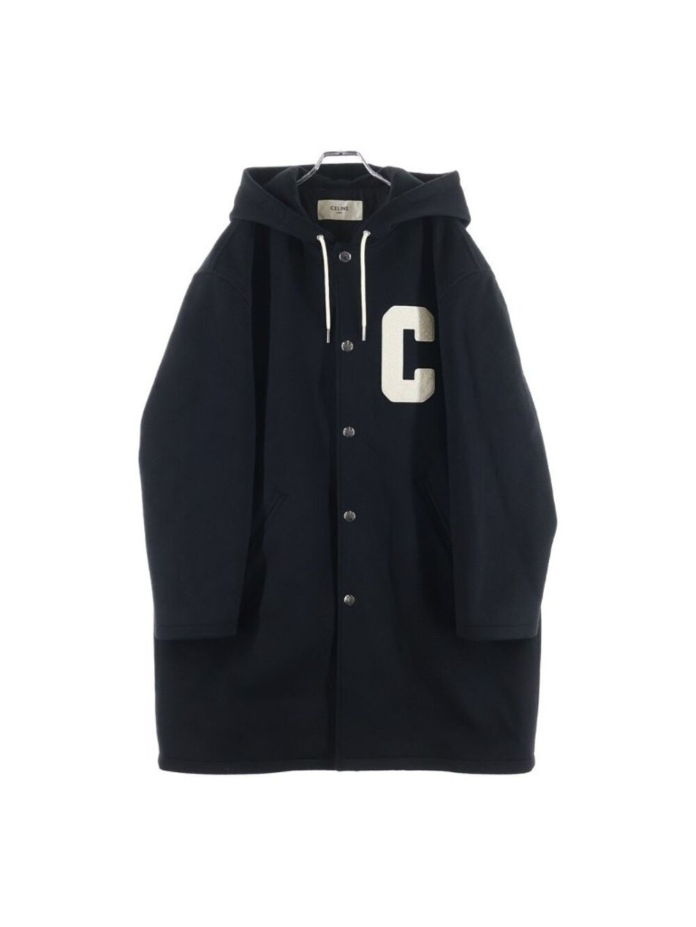 Celine College Jacket in Double Face Wool Carre Hoodie Long Coat Black
